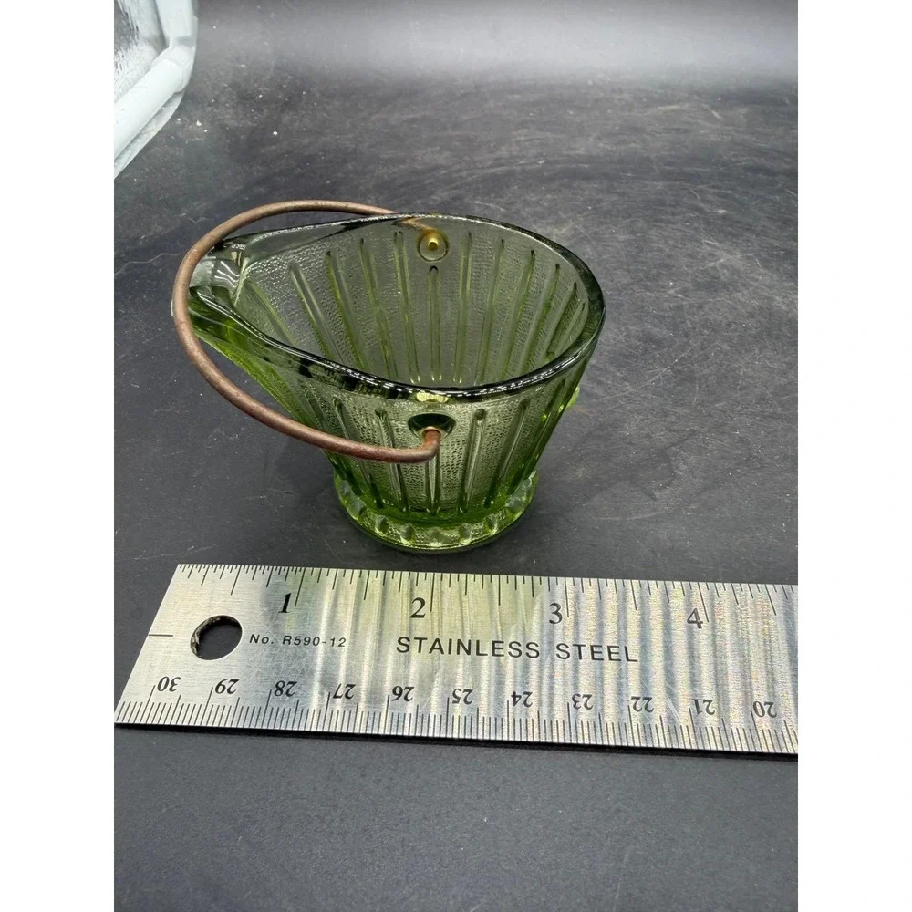 Vintage Green Glass Coal Scuttle Bucket Miniature Toothpick Holder Ribbed Design